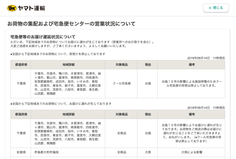 ヤマト運輸-お荷物の集配および宅急便センターの営業状況について